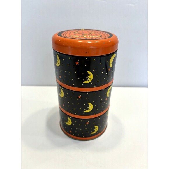 VINTAGE Halloween Candy Canister Set Tin Litho Graphic Moon and Stars Pumpkin